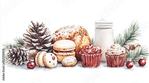 Festive watercolor background with Christmas pastries and desserts decorated with fir branches, cones and Christmas ornaments