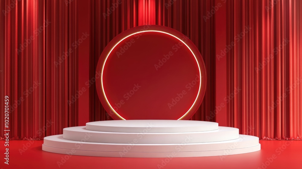 White Platform Podium with Red Curtains and a Circular Backdrop White Platform Podium with Red Curtains and a Circular Backdrop