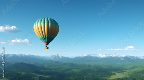 A colorful hot air balloon floating over a scenic landscape. Hot air balloon journey.