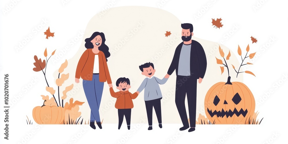 Fototapeta premium A cheerful family celebrating Halloween with pumpkins and autumn leaves, enjoying a festive moment together.