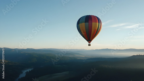 A colorful hot air balloon floating over a scenic landscape. Hot air balloon journey.