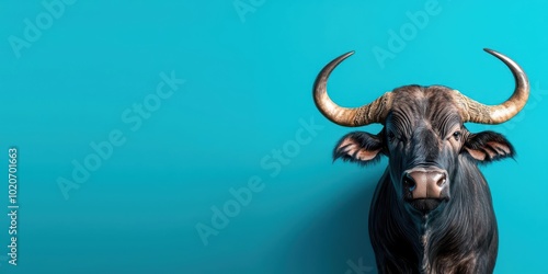 Black bull with prominent horns against a vibrant turquoise background.