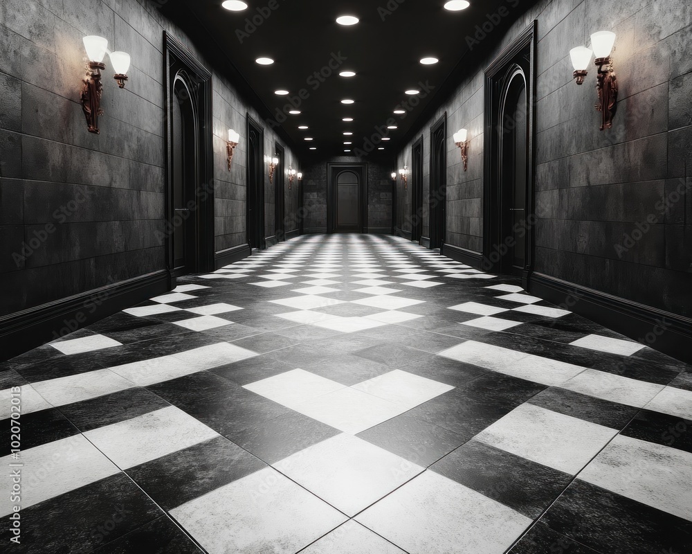 Monochrome Grunge Hallway with Worn Checkerboard Floor, Edgy Vibe, Dark Interior Design, Minimalist Decor, Black and White, Industrial Aesthetic, Grunge Style, Retro Vibes, Vintage Architecture, Dark Monochrome Grunge Hallway with Worn Checkerboard Floor, Edgy Vibe, Dark Interior Design, Minimalist Decor, Black and White, Industrial Aesthetic, Grunge Style, Retro Vibes, Vintage Architecture, Dark