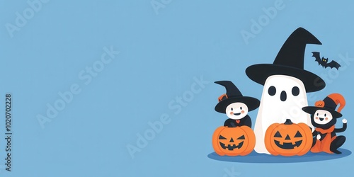 A cheerful Halloween scene featuring a ghost, pumpkins, and cute characters in spooky hats against a blue background.