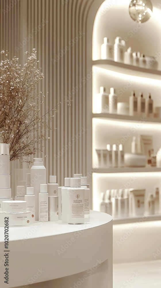 A modern beauty spa showcasing elegant skincare products on display in a tranquil, luminous environment. A modern beauty spa showcasing elegant skincare products on display in a tranquil, luminous environment.