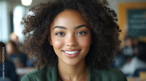 smiling woman with curly hair