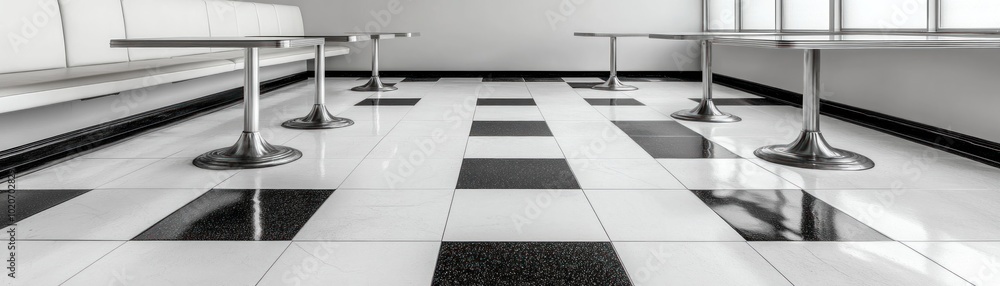 Fototapeta premium Retro Diner Checkerboard Floor, Black and White Tile Flooring with Worn Finish, Vintage Restaurant Interior Design Inspiration