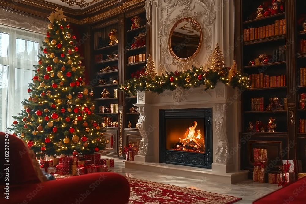 Classical Christmas decorated interior living room library with fireplace. Christmas tree with red golden ornament decorations. Modern classic style interior design apartment. Christmas eve at home Classical Christmas decorated interior living room library with fireplace. Christmas tree with red golden ornament decorations. Modern classic style interior design apartment. Christmas eve at home
