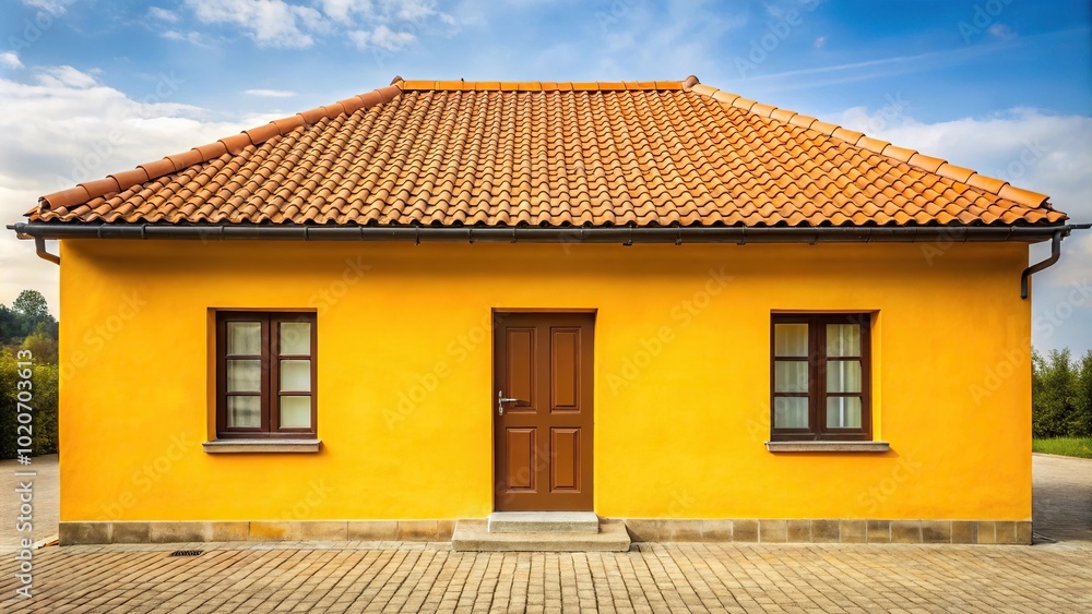 Forced perspective yellow building with tile roof and small windows Forced perspective yellow building with tile roof and small windows