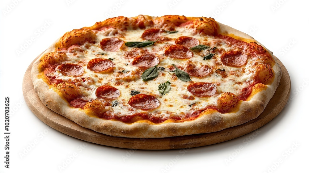 Delicious Pepperoni Pizza on Wooden Board Delicious Pepperoni Pizza on Wooden Board