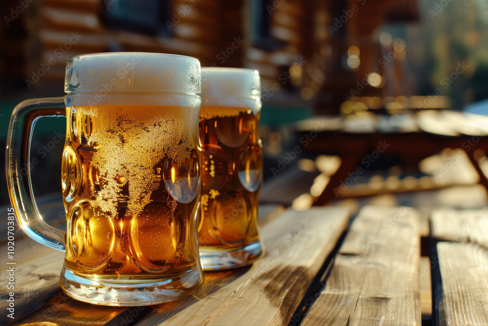 Enjoying a Sunny Afternoon With Cold Beer on a Wooden Table, Inviting Friends to Share Laughter and Good Times Enjoying a Sunny Afternoon With Cold Beer on a Wooden Table, Inviting Friends to Share Laughter and Good Times