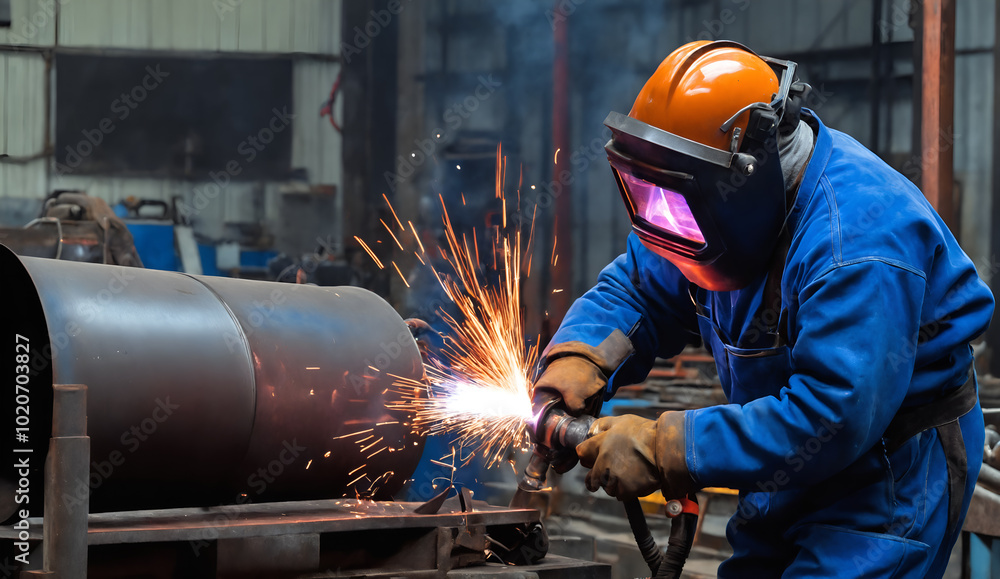 Worker at the factory welding. Industrial manufacturing.