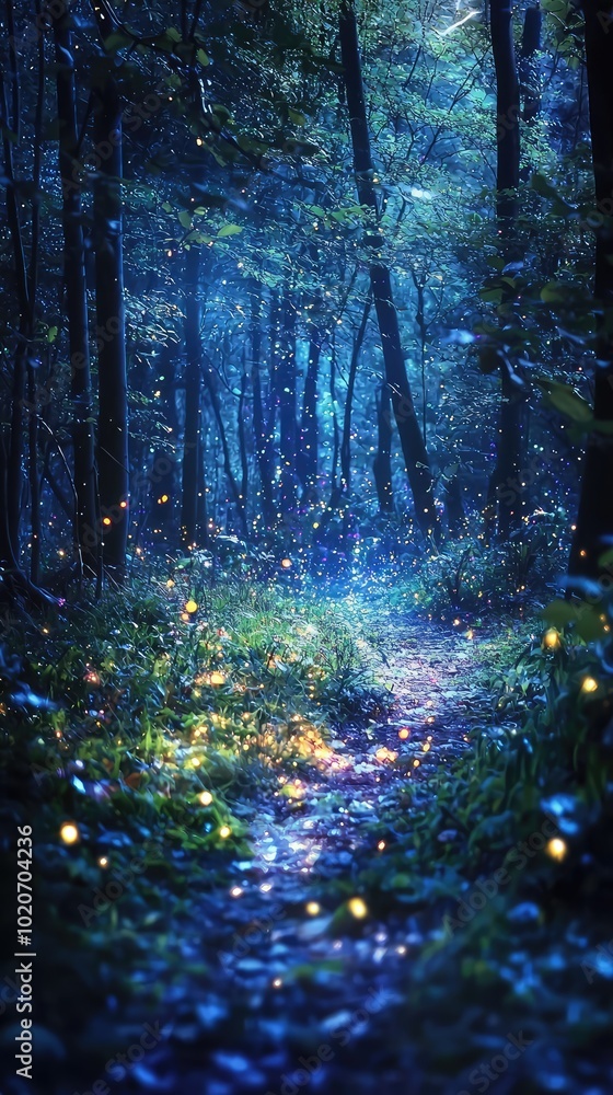 Fototapeta premium A mystical forest path illuminated by glowing fireflies, surrounded by tall trees and enchanting blue light, creating a serene atmosphere.