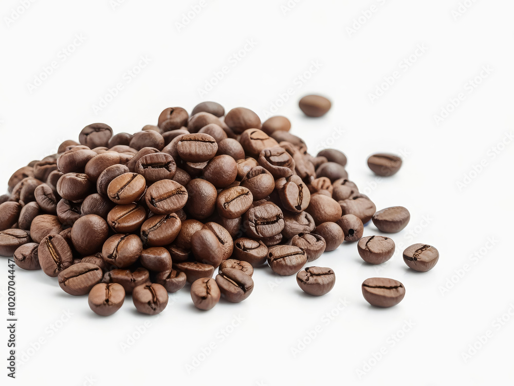 Studio photo of coffee beans in a pile on a white background Studio photo of coffee beans in a pile on a white background