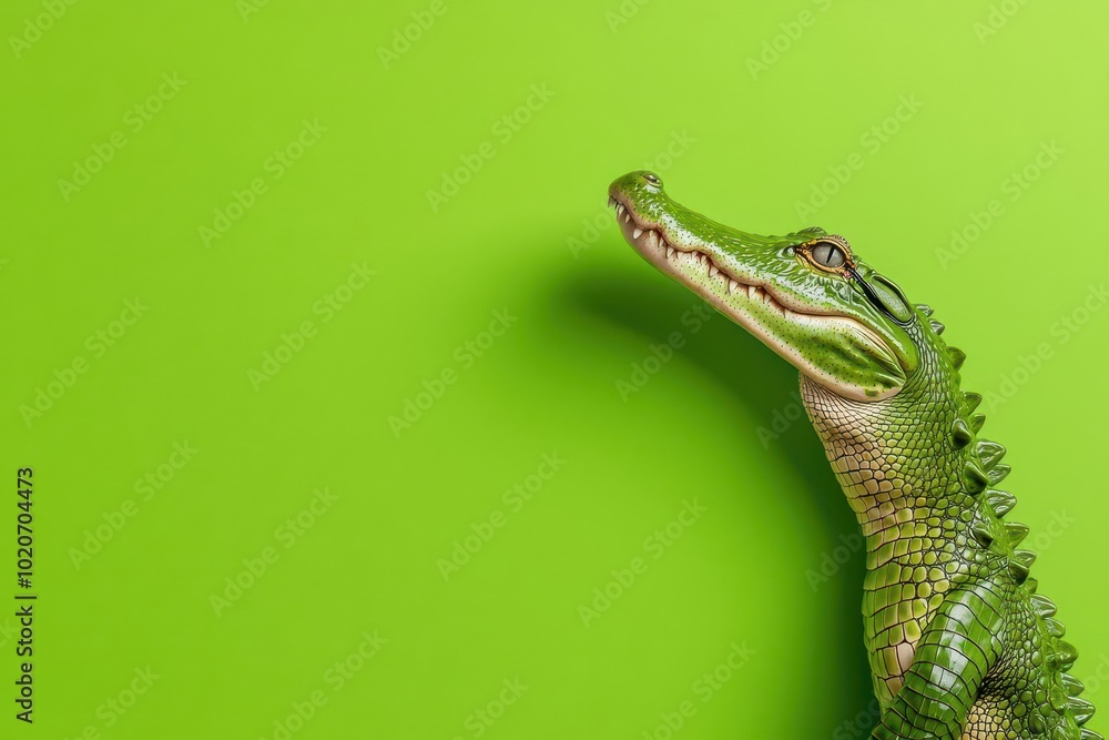 Fototapeta premium Crocodile figure against vibrant green background, playful and whimsical design.