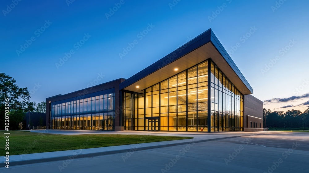 Obraz premium modern architecture building with glass facade at dusk