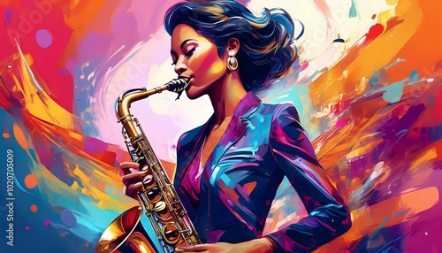 painting of beautiful woman playing the saxophone, set against a colorful abstract background, jazz music themed photo