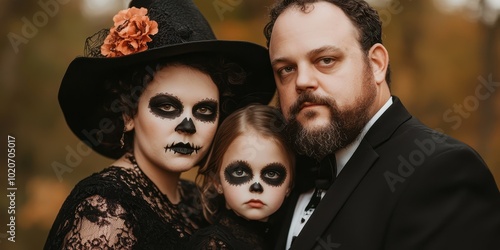 A family portrait featuring three members in spooky costumes with creative makeup for Halloween celebration. photo