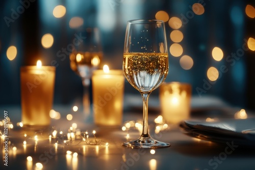 Festive champagne glass with candles and lights