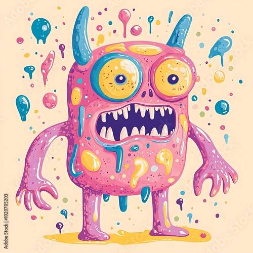 A pink cartoon monster with yellow eyes, sharp teeth and dripping with colorful goo. photo