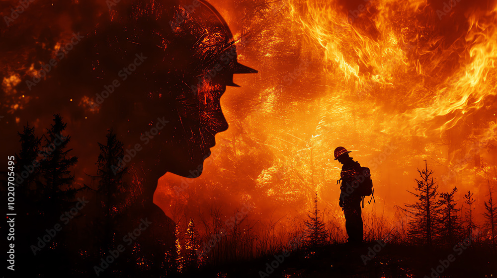 Fototapeta premium A silhouette of a firefighter amidst a dramatic, fiery backdrop, symbolizing the struggle against wildfires and environmental challenges.