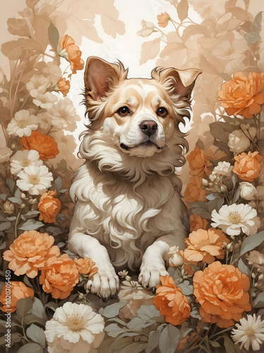 dog sitting in  flowers