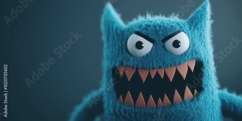 A fluffy blue monster toy with sharp teeth and an angry expression, perfect for adding a playful yet fierce element to any design. photo