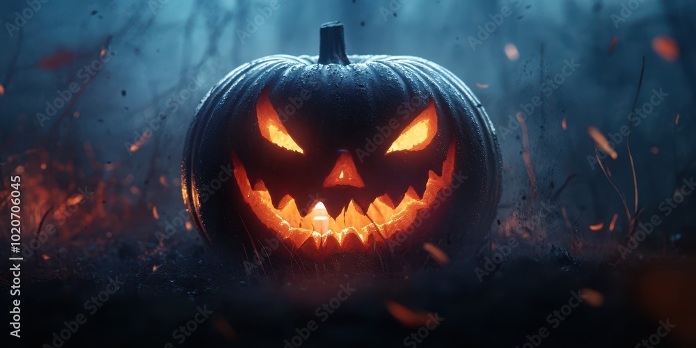Fototapeta premium A glowing, sinister pumpkin with jagged teeth, set against a dark, misty backdrop, perfect for Halloween themes.