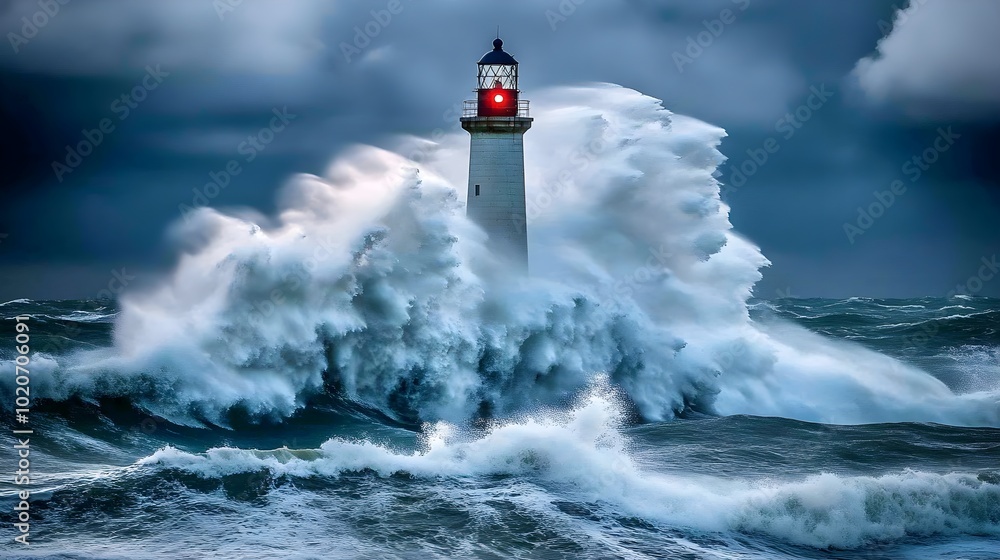 Towering ocean waves crashing against a sturdy lighthouse during a fierce storm, capturing the immense power of water and the resilience of the structure against the stormy seas Towering ocean waves crashing against a sturdy lighthouse during a fierce storm, capturing the immense power of water and the resilience of the structure against the stormy seas