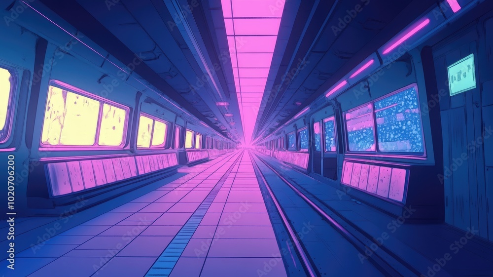 Obraz premium Futuristic Train Interior with Neon Lights and Windows