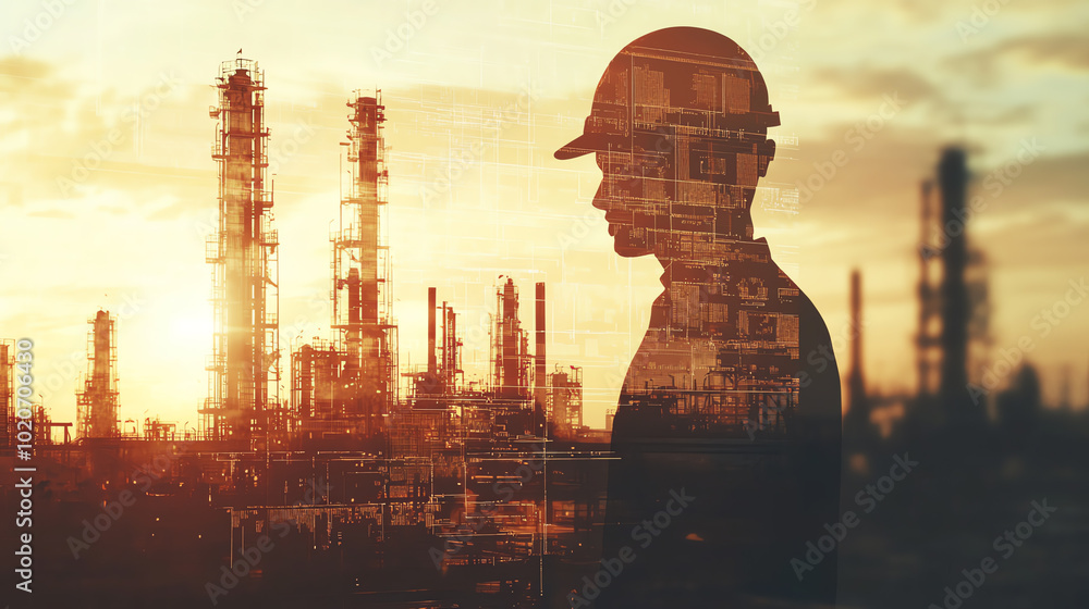 Silhouette of a worker wearing a helmet against an industrial landscape at sunset, representing dedication and hard work in the energy sector.