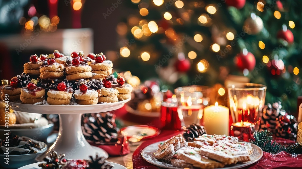 Christmas cookies and festive lights on a holiday table Christmas cookies and festive lights on a holiday table