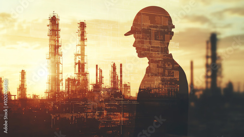 Obraz na płótnie Silhouette of a worker wearing a helmet against an industrial landscape at sunset, representing dedication and hard work in the energy sector. w salonie