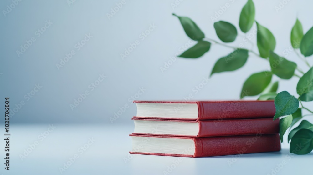 stack of red books with green leaves stack of red books with green leaves