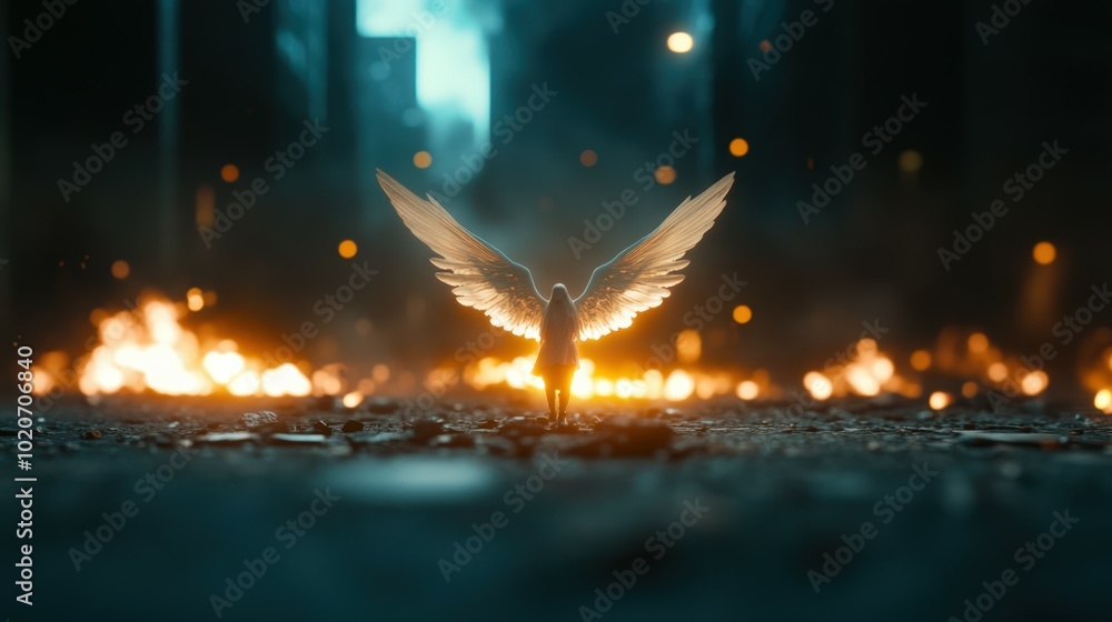 Angelic figure with wings in a dramatic, fiery scene Angelic figure with wings in a dramatic, fiery scene