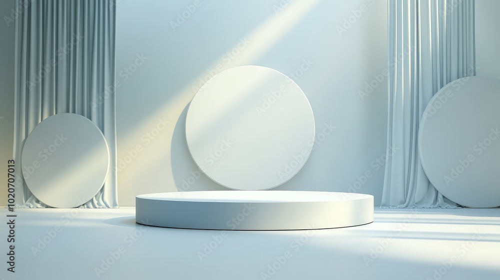 Minimalist White Platform with Circular Shapes and Draped Curtains Minimalist White Platform with Circular Shapes and Draped Curtains