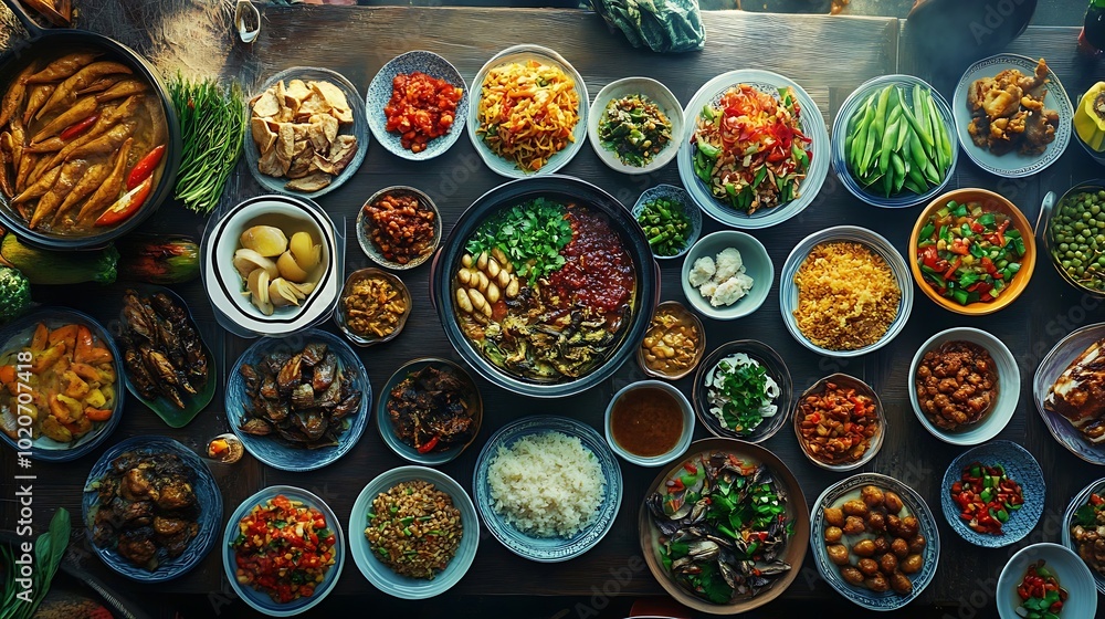 An Overhead View of an Array of Dishes Featuring Various Asian Delights An Overhead View of an Array of Dishes Featuring Various Asian Delights