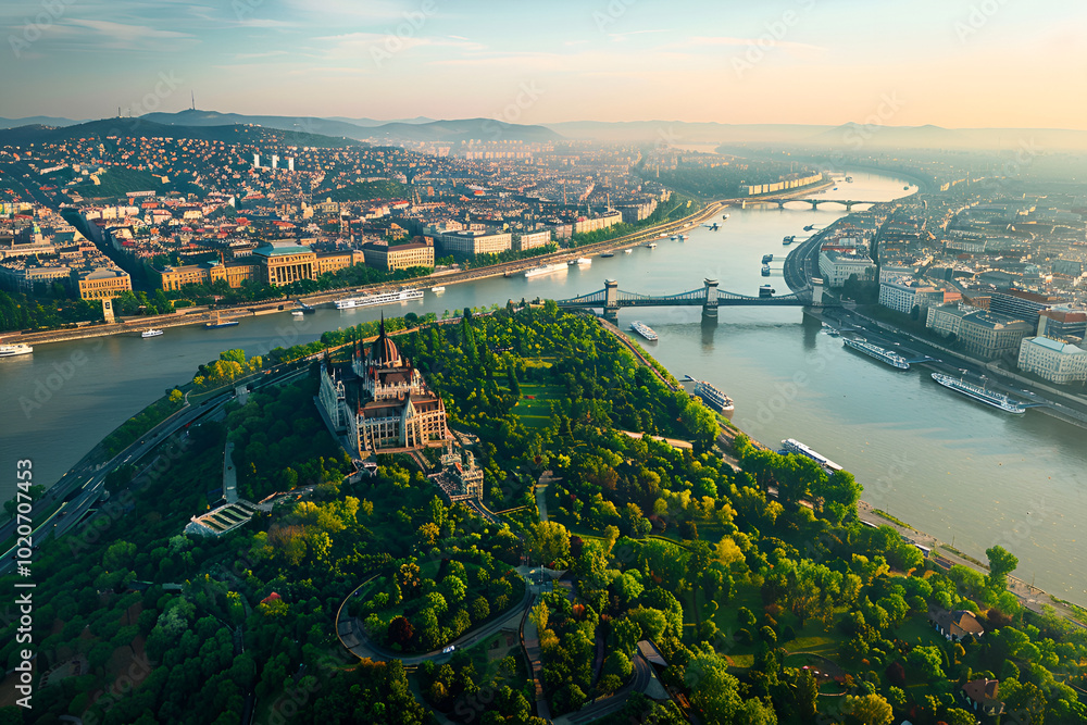 Naklejka premium A bird's-eye view of Budapest landscape photo.