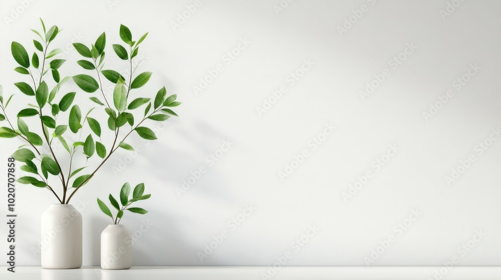 green leaves in white vases on table green leaves in white vases on table