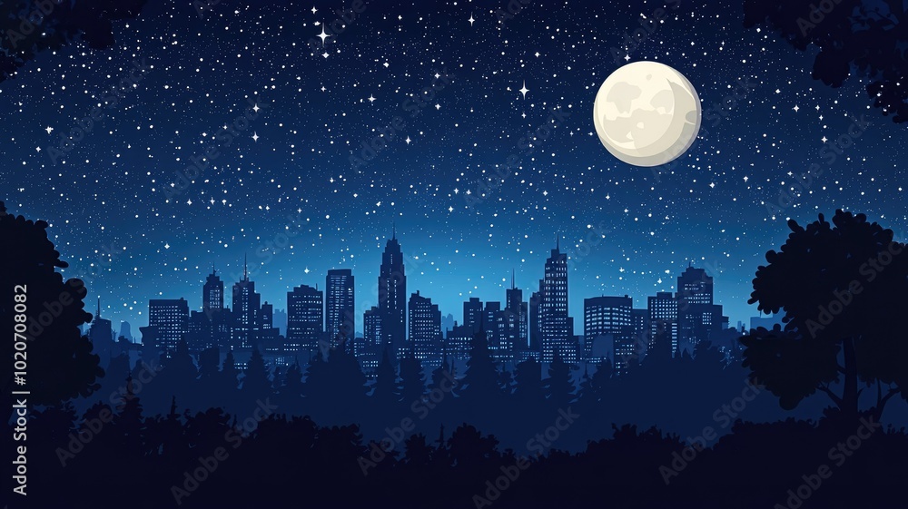 Nighttime cityscape with a full moon and a star-filled sky