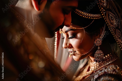 Portrait of an Indian wedding couple posing for album