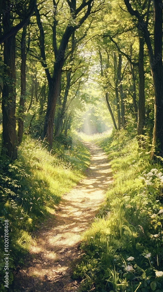 Fototapeta premium A serene forest pathway surrounded by lush trees and vibrant foliage, inviting nature lovers to explore and enjoy the tranquility.