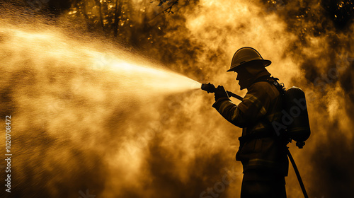 Silhouette of a firefighter spraying water during a blaze, with dramatic lighting and smoke creating a powerful atmosphere, showcasing bravery.