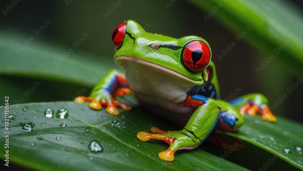 Fototapeta premium Colorful red-eyed frog perched on wet green leaves in tropical environment