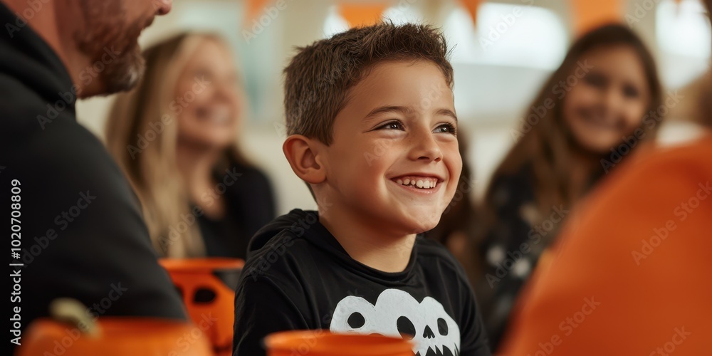 Fototapeta premium A joyful child smiles brightly during a festive gathering, surrounded by friends and seasonal decorations, capturing pure happiness.