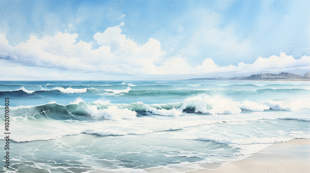 Fototapeta premium A serene ocean view captures beauty of rolling waves and clear blue sky, evoking sense of tranquility and peace.