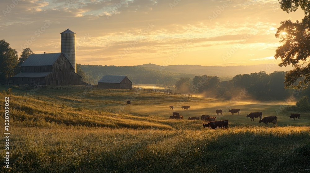 Obraz premium Rural Farm Scene with Cows Grazing in a Field at Sunset