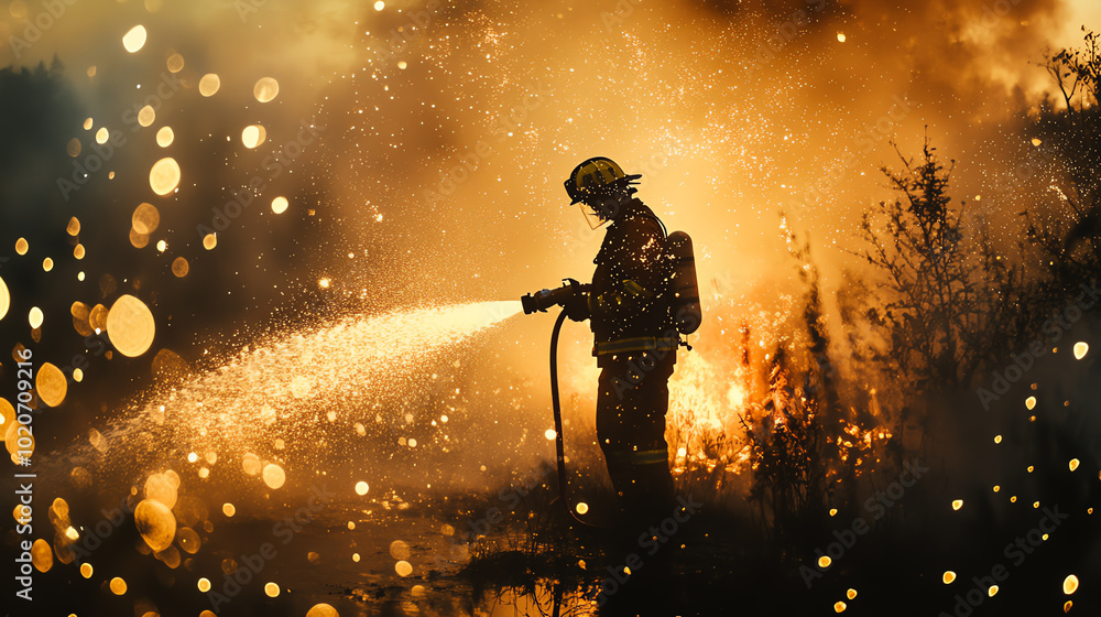 A firefighter bravely battling wildfires, surrounded by smoke and flames, showcasing heroic efforts in disaster response and environmental protection. A firefighter bravely battling wildfires, surrounded by smoke and flames, showcasing heroic efforts in disaster response and environmental protection.