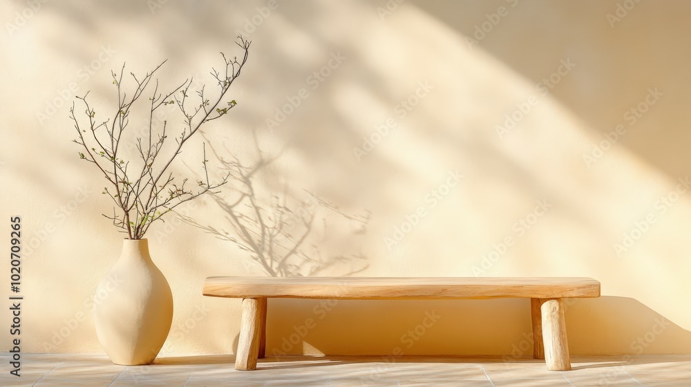 Minimalist home decor with wooden bench and vase Minimalist home decor with wooden bench and vase