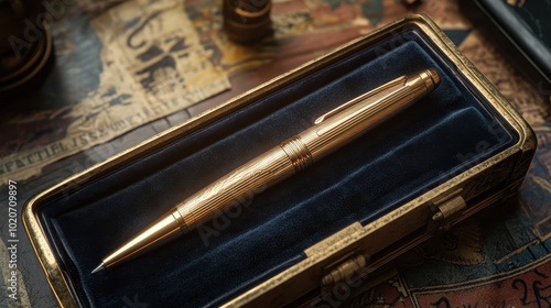 A luxurious golden pen resting on a dark velvet cushion inside a decorative case, surrounded by vintage-themed objects.